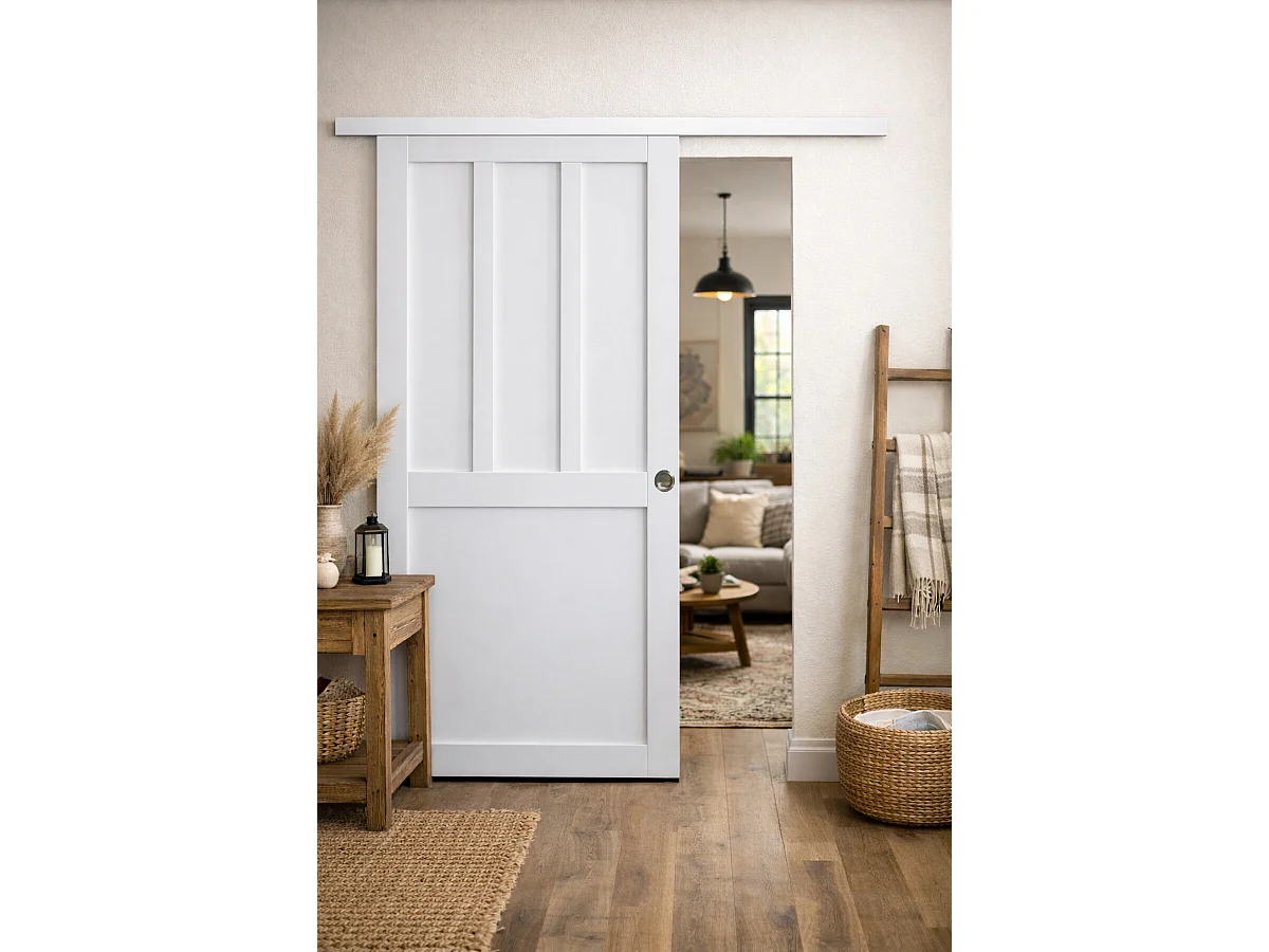 Porta scorrevole Officina 2 pannelli bianchi, larghezza 83 + rotaia a fascia bianca + 2 gusci installati