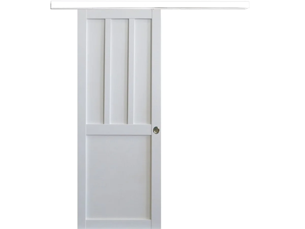 Porta scorrevole Officina 2 pannelli bianchi, larghezza 83 + rotaia a fascia bianca + 2 gusci installati