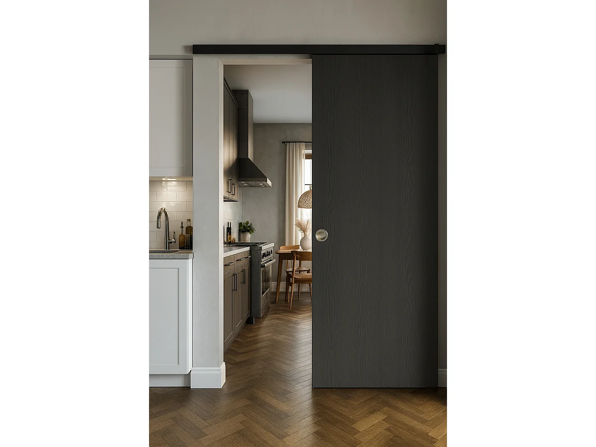 Porte Coulissante Grey Oak H204 X L73 + Rail Alu Bandeau Noir Et Coquilles Gd Menuiseries