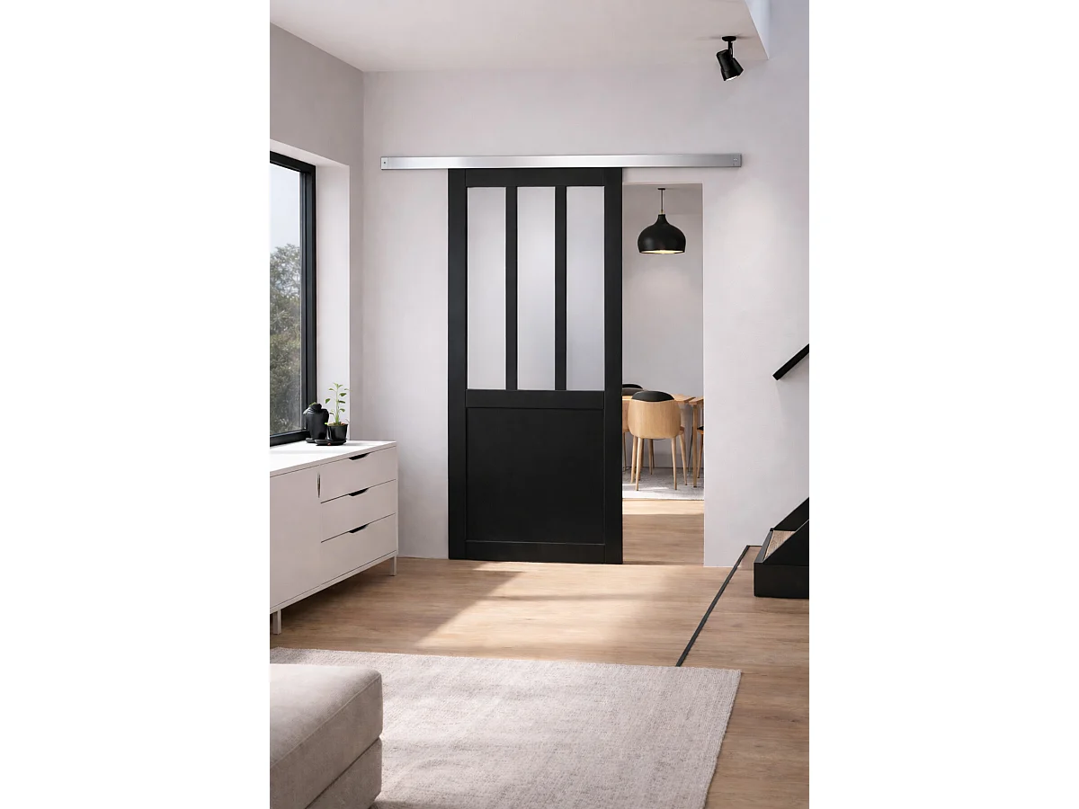 Porte Coulissante Atelier Noir Vitre Depoli H204 X L93 Cm, Rail Alu Gd Menuiseries