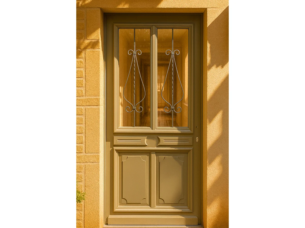 Puerta de entrada Madera vítrea, Baptiste Vert Ral 7002, H,215xl,90 p, izquierda Dimensiones Cuadro sin manilla