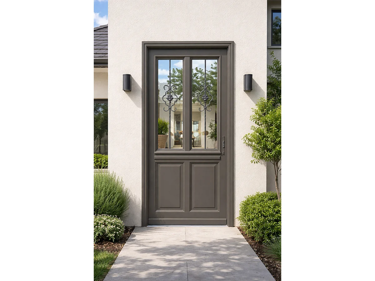 Porte D'entree Bois Vitree, Santiago Gris Marron Ral7039, H,215xl,90 P, Gauche Cote Tableau Gd Menuiseries