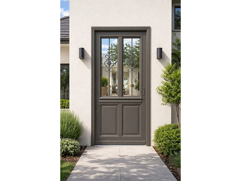 Porte D'entree Bois Vitree, Santiago Gris Marron Ral7039, H,215xl,90 P, Gauche Cote Tableau Gd Menuiseries