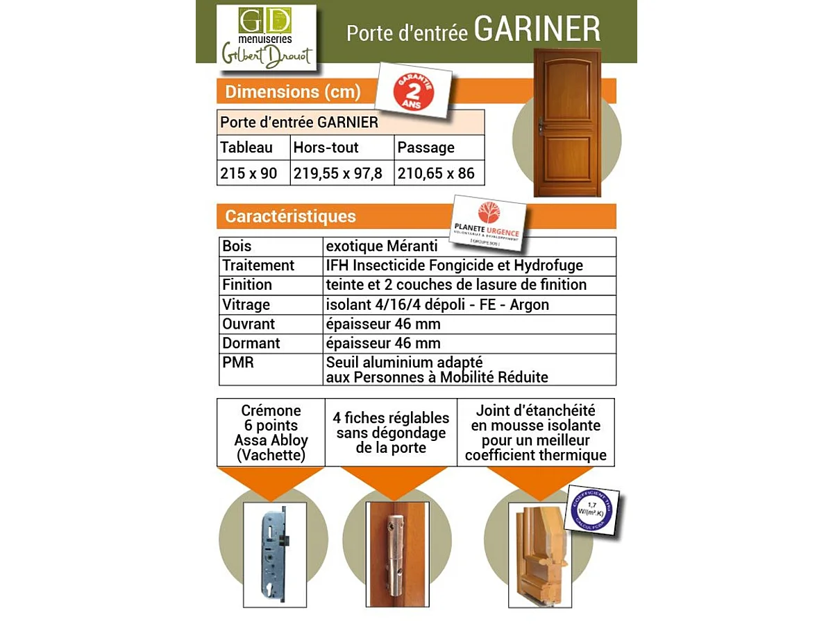 Porte d'entree Bois Pleine, Garnier, H.215xl.80 p.gauche Cote Tableau