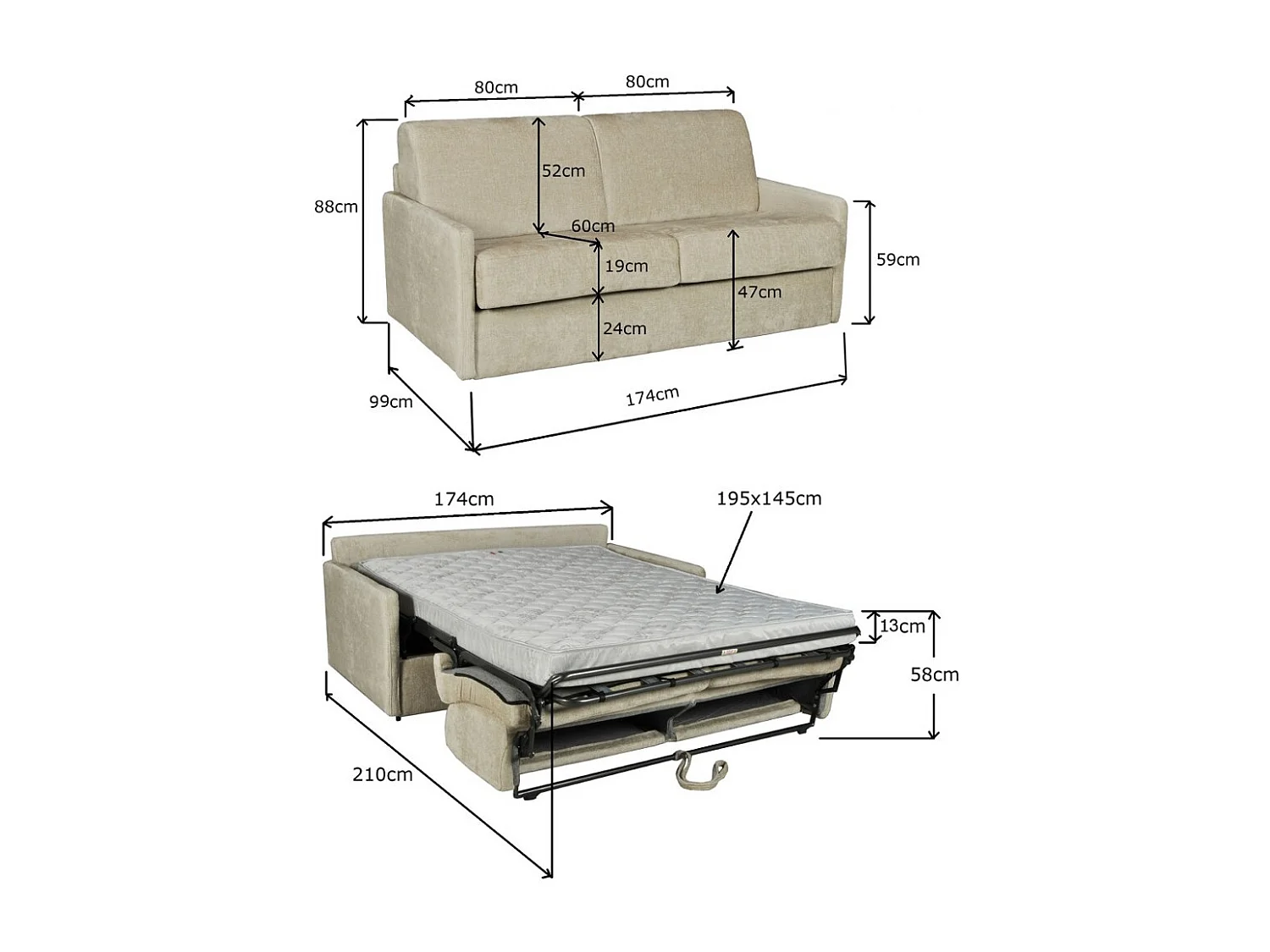 Canapé convertible rapido 3 places BERGAME en velours / Beige