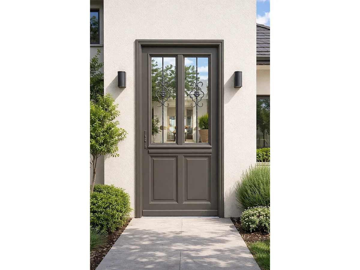 Puerta de entrada Madera vítrea, Santiago gris marron RAL7039, H,215xl,90 p, derecha Cote Tableau sin manilla