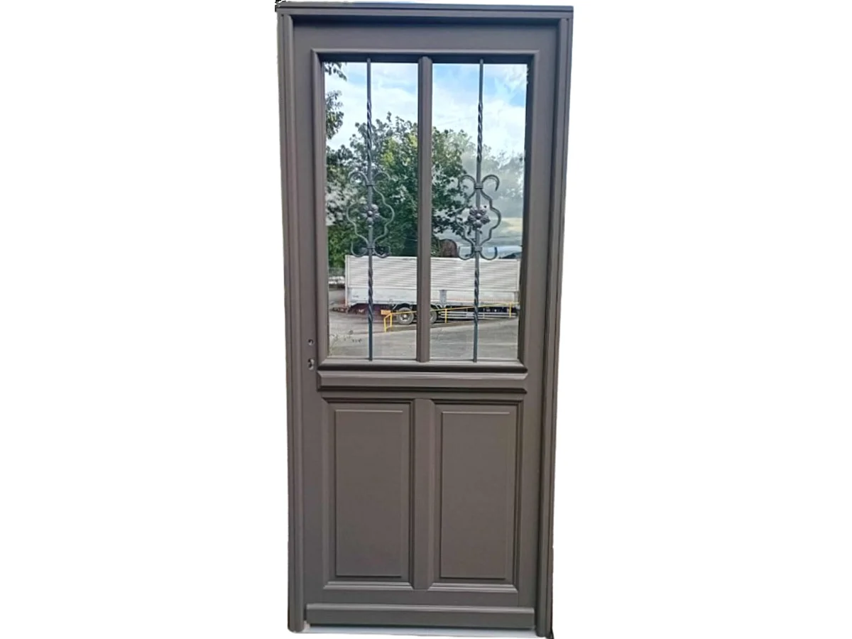 Puerta de entrada Madera vítrea, Santiago gris marron RAL7039, H,215xl,90 p, derecha Cote Tableau sin manilla