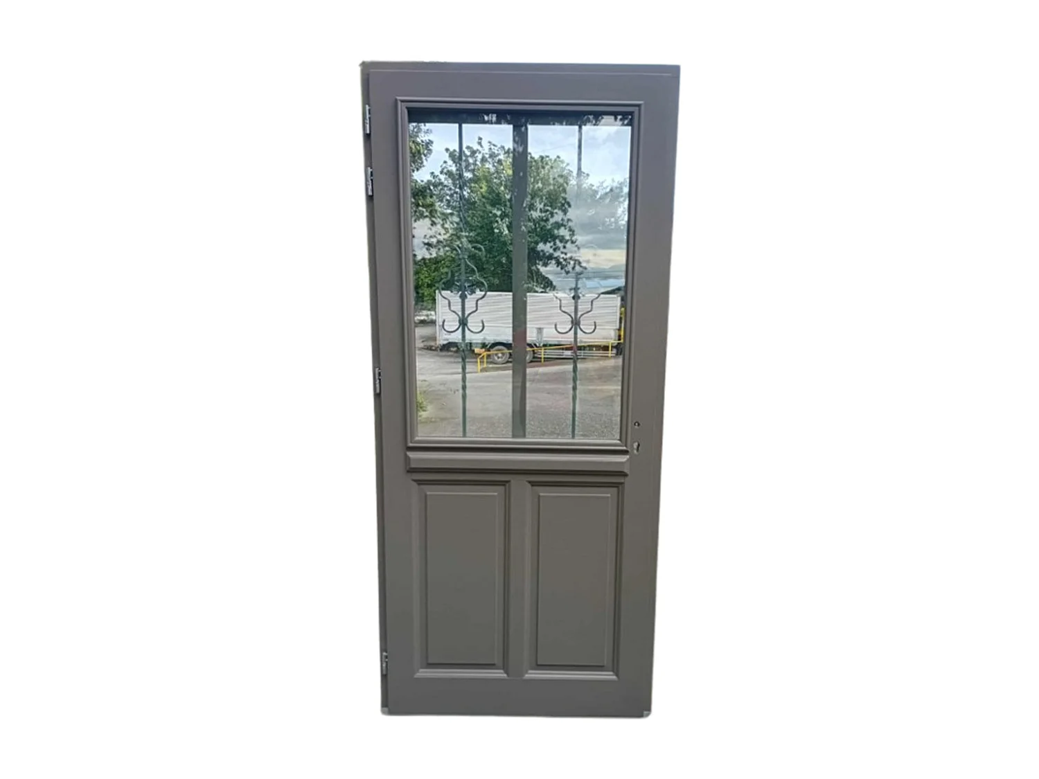 Puerta de entrada Madera vítrea, Santiago gris marron RAL7039, H,215xl,90 p, derecha Cote Tableau sin manilla