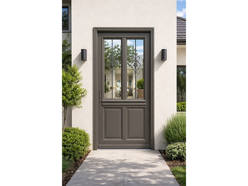 Porte D'entree Bois Vitree, Santiago Gris Marron Ral7039, H,215xl,90 P, Droit Cote Tableau Gd Menuiseries