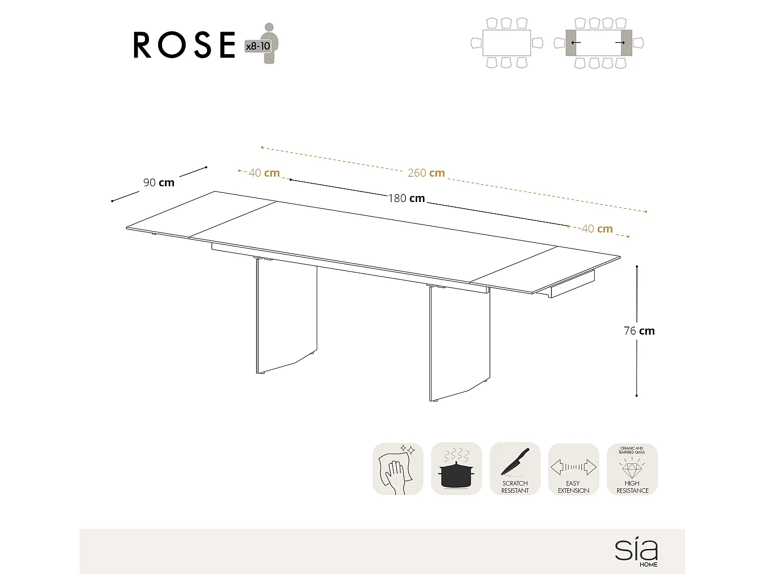 Table extensible 8-10 personnes aspect travertin et pieds noirs 180cm ROSE