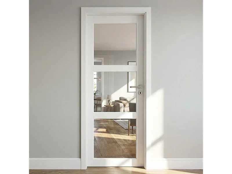 Blocco Porta Kenya Vetro Bianco Trasparente H204 x L83 Pannello Ribs Spinta Sinistra + Maniglia