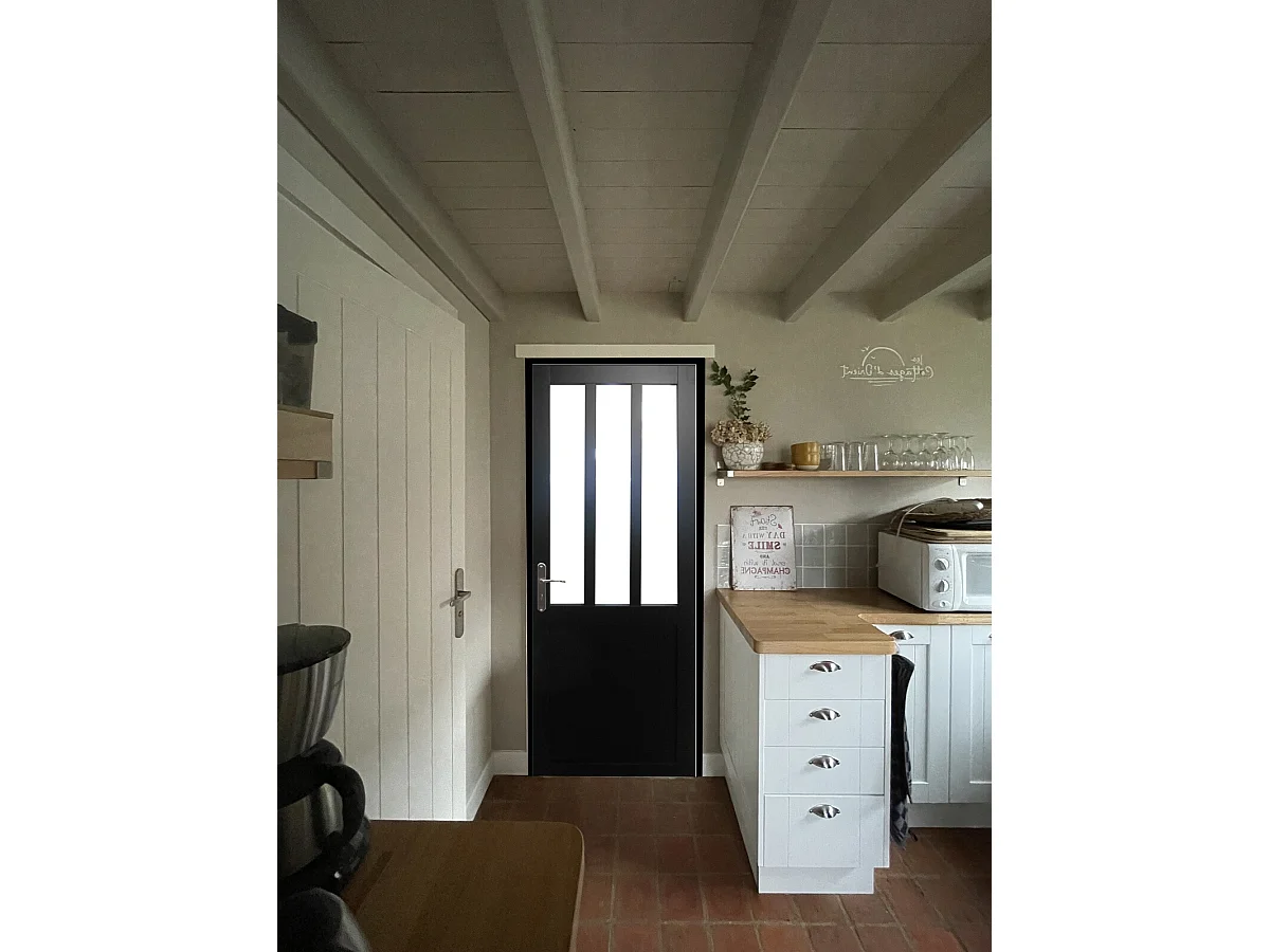 Bloc Porte Atelier Noir vitre depoli H204 x L73 Poussant Droite Cotes Tableau + Poignee Pomerol