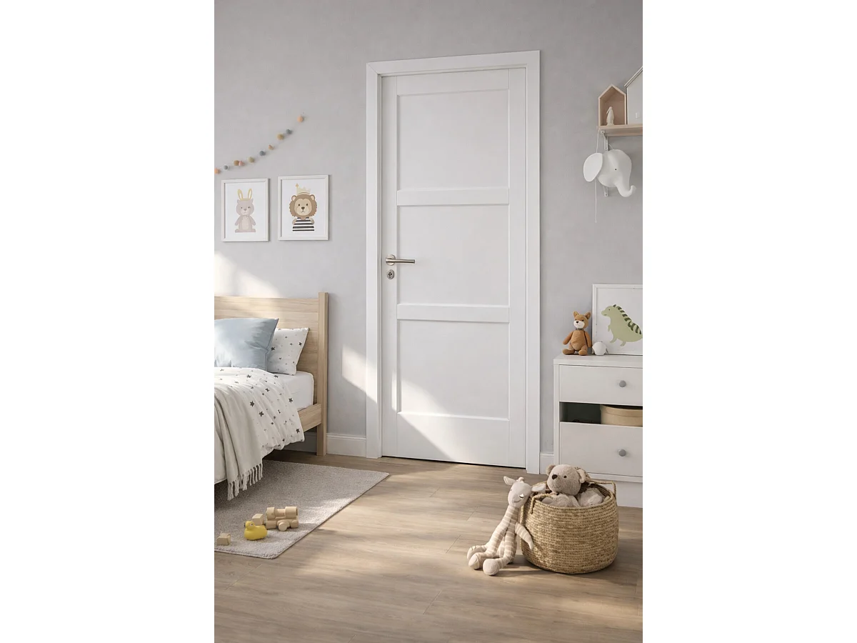 Blocco Porta Korya Bianco 3 Pannelli H204 x L83 Pannello Nervature Spingendo Destra + Maniglia