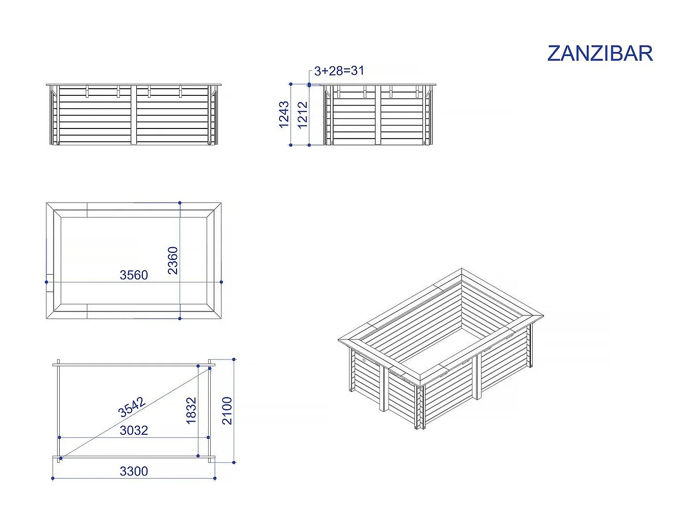 Piscine bois rectangle " Zanzibar "- 3.50 x 2.30 x 1.24 m + Pompe à chaleur  3.5 kw/h - Hayward - "Micro" - Noir