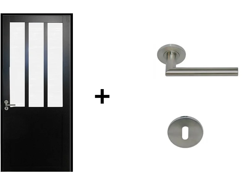 Bloc Porte Atelier Noir vitre depoli H204 x L83 Poussant Droite Cotes Tableau +Poignee Pomerol