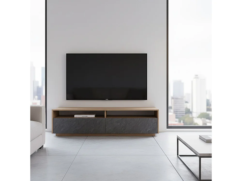 Meuble TV 160 cm LEONARDO 2 tiroirs 2 niches / Décor noyer et ardoise
