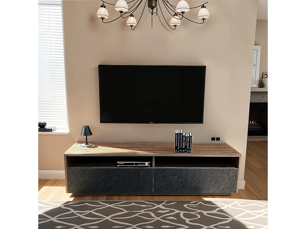 Meuble TV 160 cm LEONARDO 2 tiroirs 2 niches / Décor noyer et ardoise