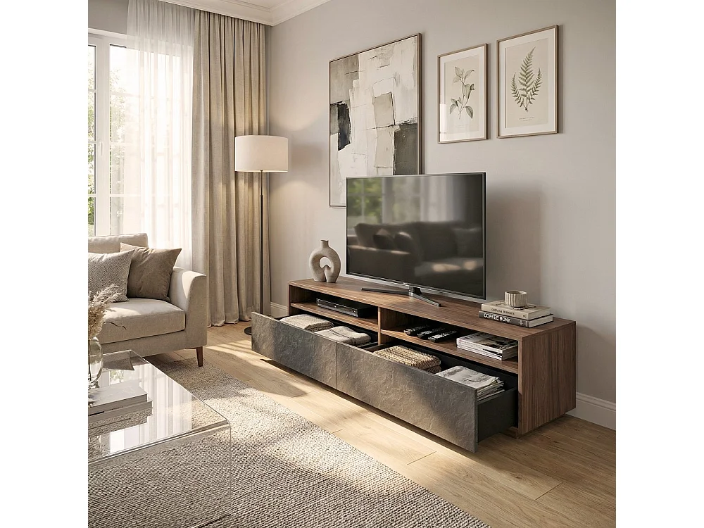 Meuble TV 160 cm LEONARDO 2 tiroirs 2 niches / Décor noyer et ardoise