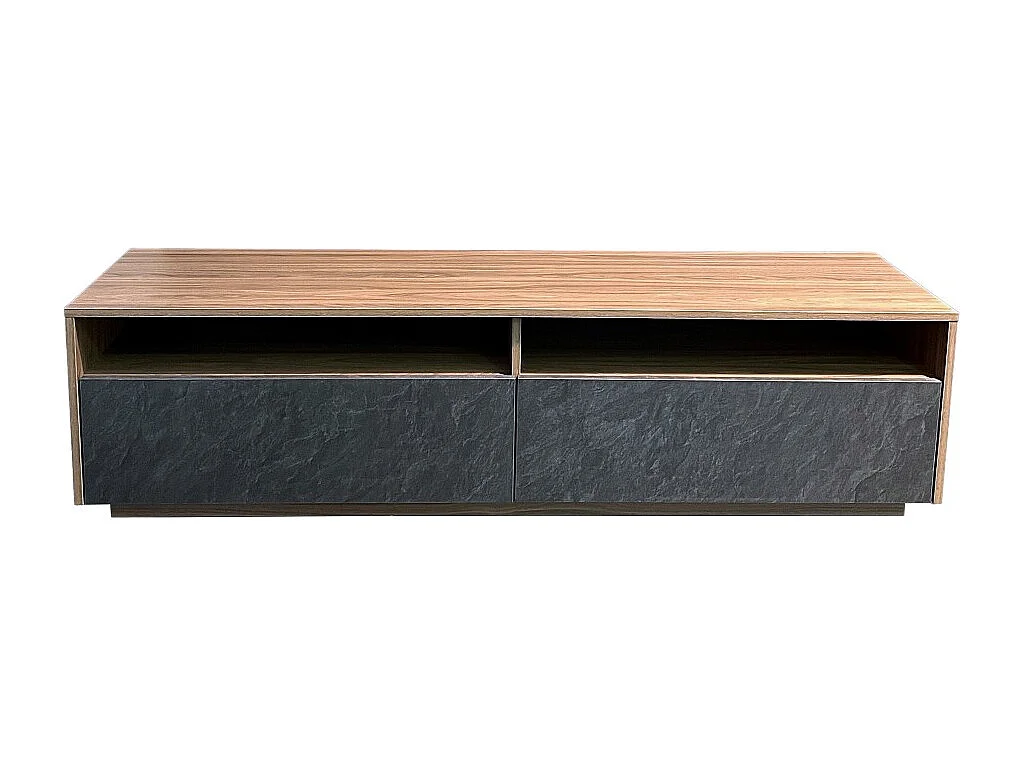 Meuble TV 160 cm LEONARDO 2 tiroirs 2 niches / Décor noyer et ardoise