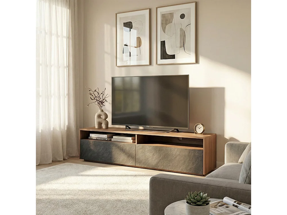 Meuble TV 160 cm LEONARDO 2 tiroirs 2 niches / Décor noyer et ardoise