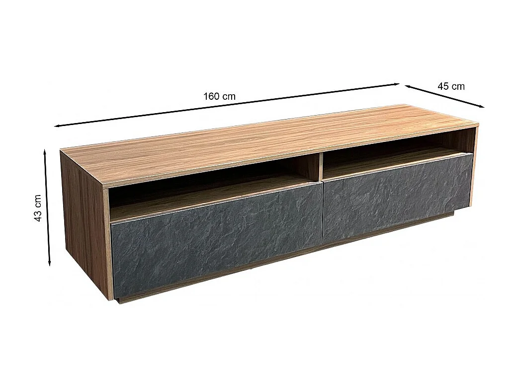 Meuble TV 160 cm LEONARDO 2 tiroirs 2 niches / Décor noyer et ardoise