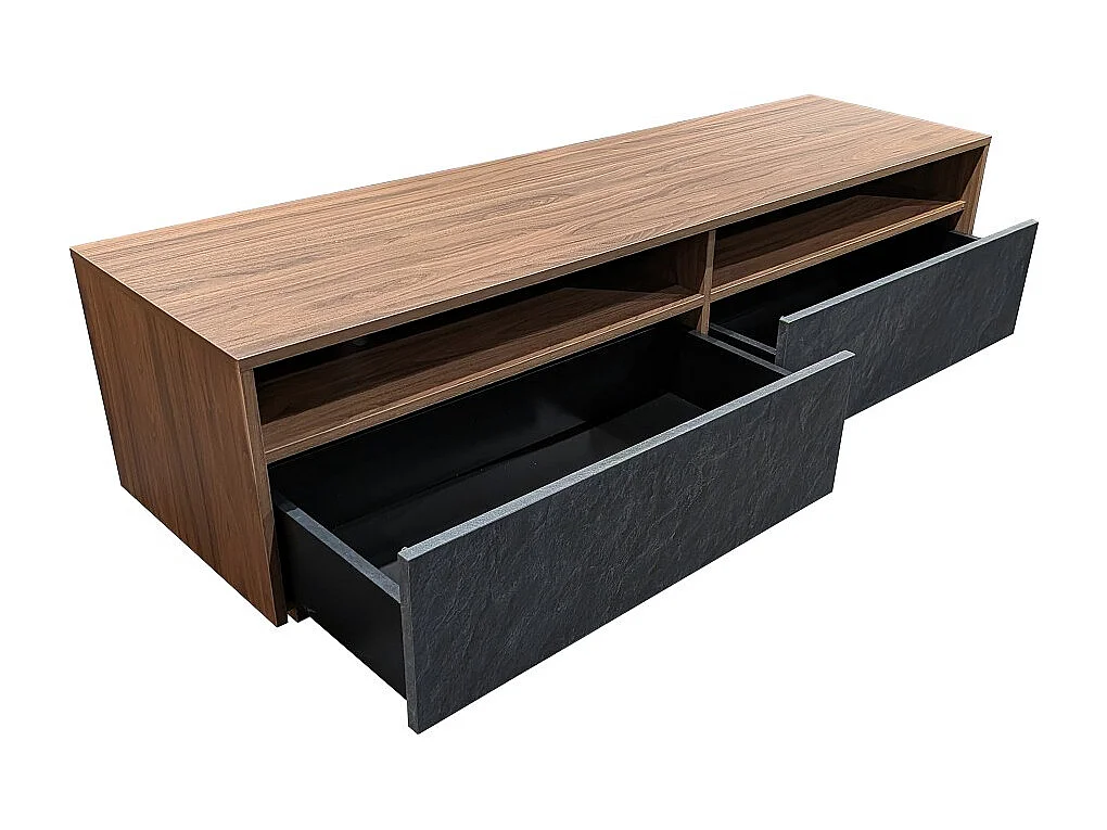 Meuble TV 160 cm LEONARDO 2 tiroirs 2 niches / Décor noyer et ardoise