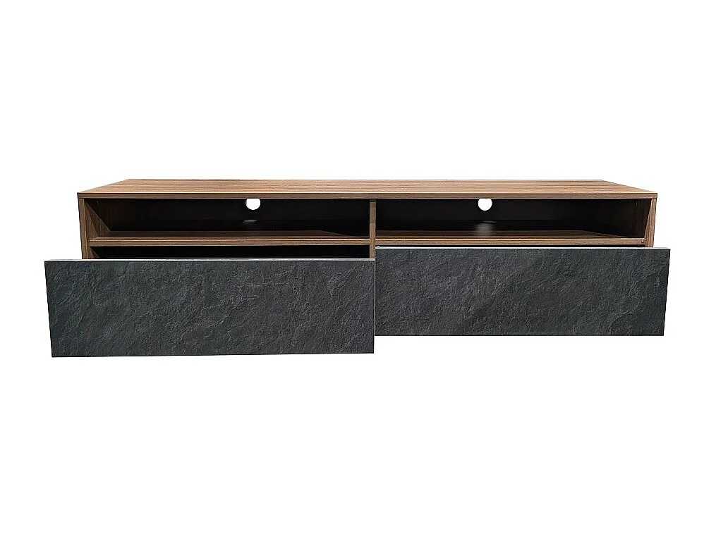 Meuble TV 160 cm LEONARDO 2 tiroirs 2 niches / Décor noyer et ardoise