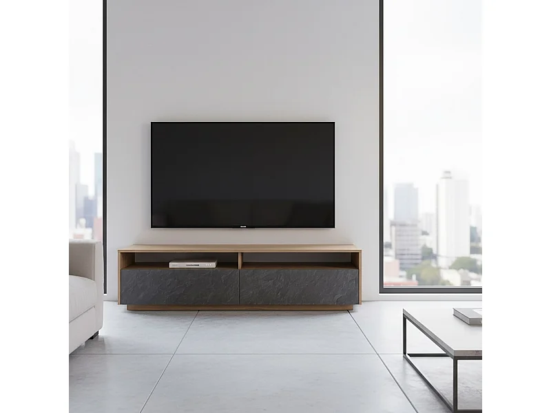Meuble TV 160 cm LEONARDO 2 tiroirs 2 niches / Décor noyer et ardoise