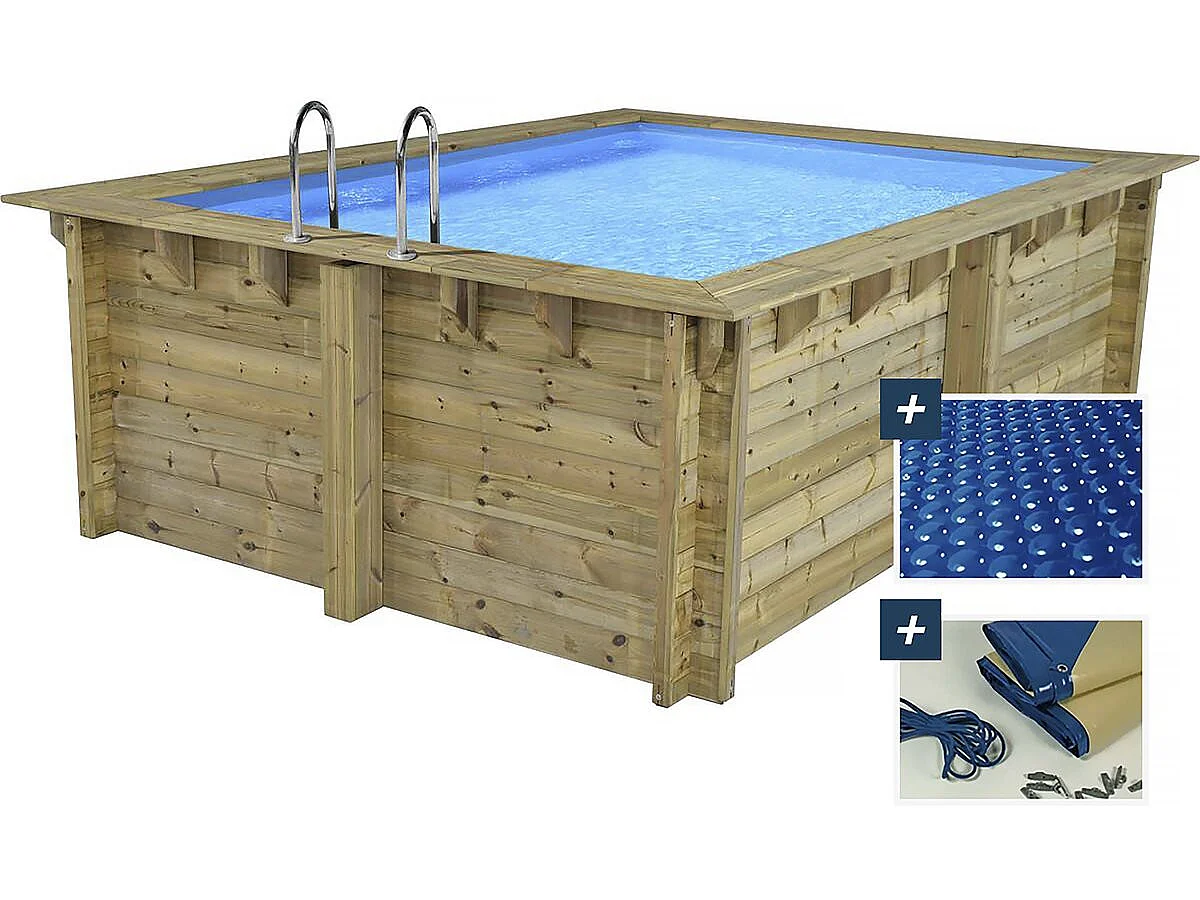 Prostokątny basen drewniany "Zanzibar" - 3,50 x 2,30 x 1,24 m - Pokrowiec bąbelkowy 180 µ - Pokrowiec zimowy 280 g/m²