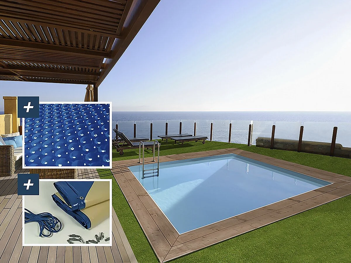 Prostokątny basen drewniany "Zanzibar" - 3,50 x 2,30 x 1,24 m - Pokrowiec bąbelkowy 180 µ - Pokrowiec zimowy 280 g/m²
