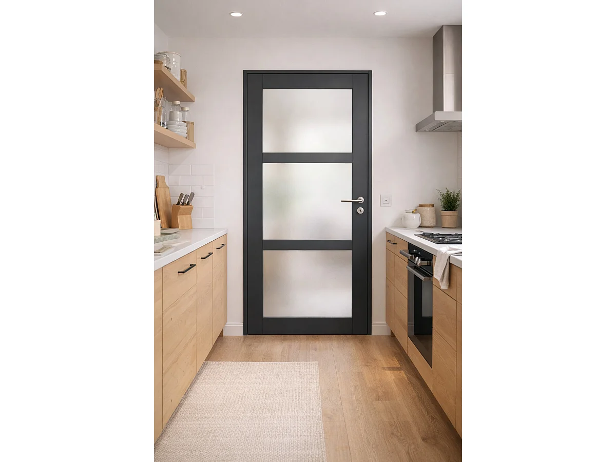 Blocco porta in vetro Blakeria RAL7016 H204 x L83 Pannello laterale a spinta sinistro + maniglia