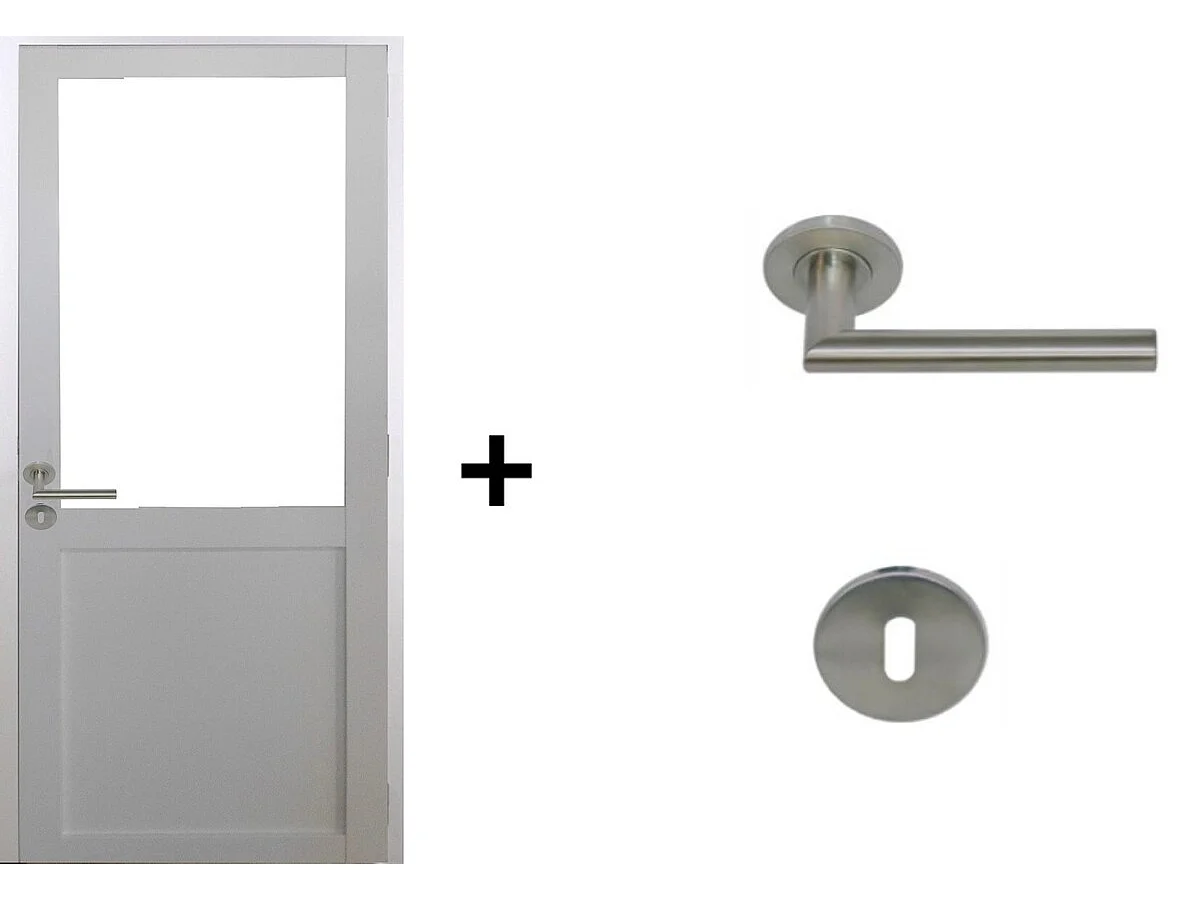 Bloc Porte Atelier Blanc sans meneau H204 x L83 Poussant Droite Cotes Tableau + Poignee Pomerol