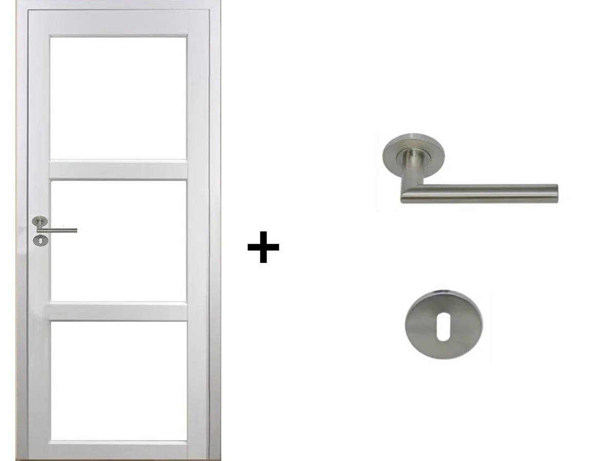 Bloc Porte Kenya Blanc Vitrage transparent H204 x L83 Poussant Droite Cotes Tableau + Poignee Pomerol