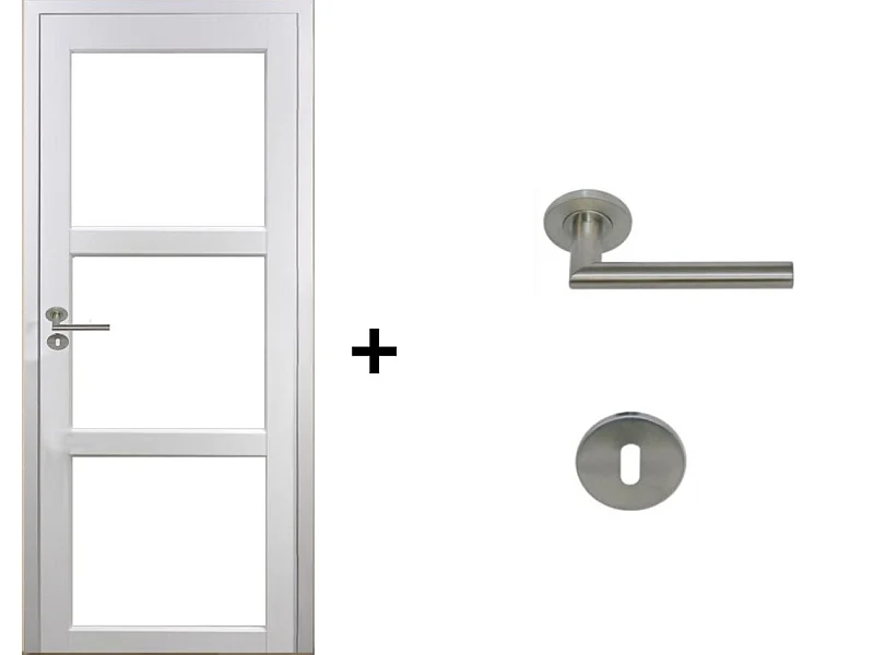 Bloc Porte Kenya Blanc Vitrage transparent H204 x L83 Poussant Droite Cotes Tableau + Poignee Pomerol