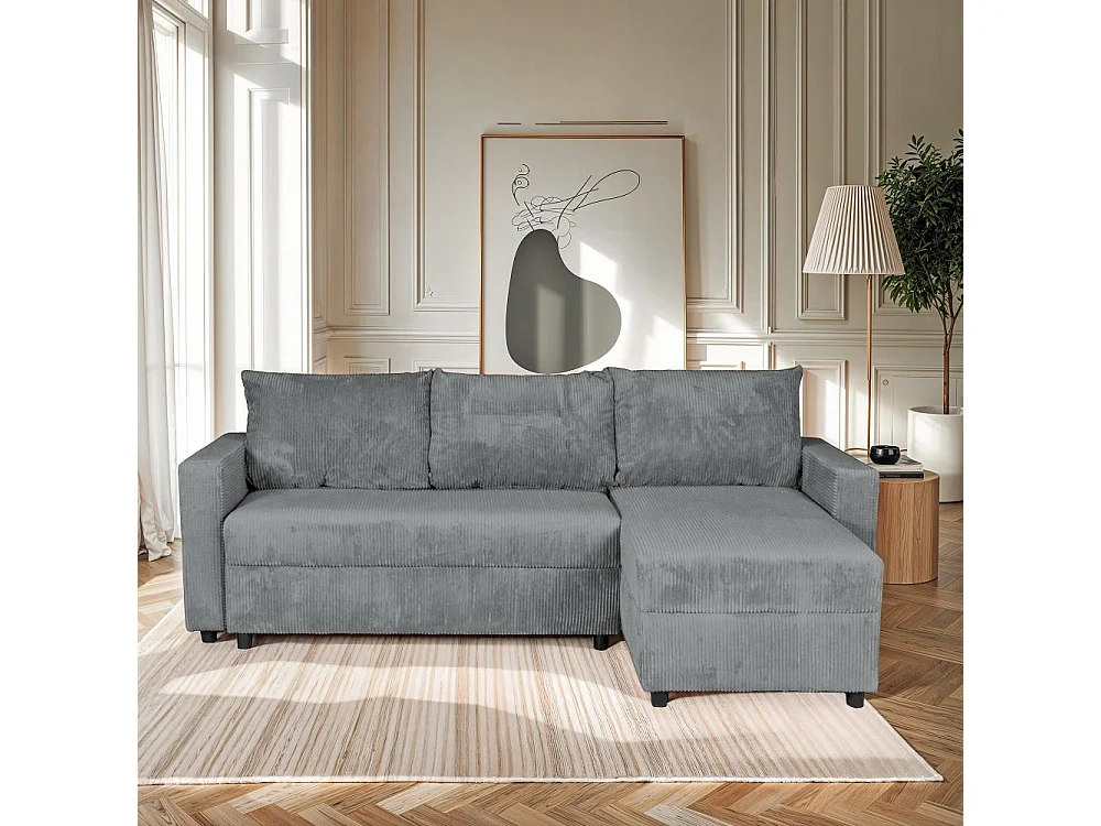 Canapé d'angle convertible et réversible avec coffre THEO en velours côtelé / Gris