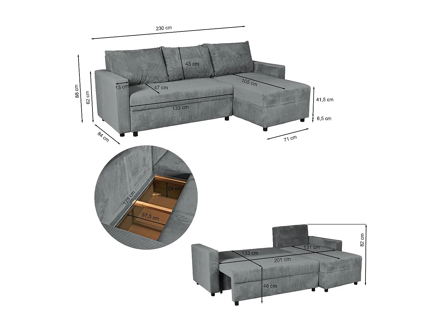 Canapé d'angle convertible et réversible avec coffre THEO en velours côtelé / Gris