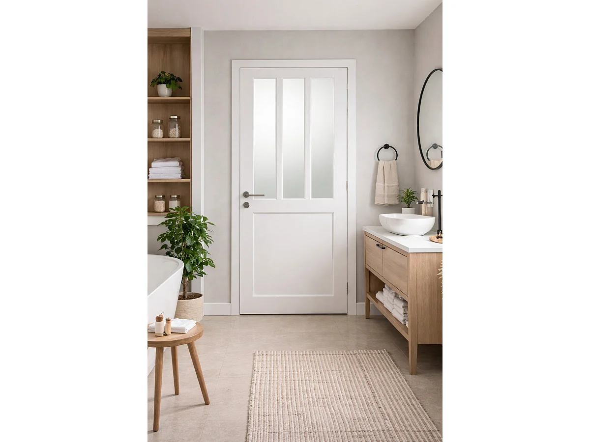 Blocco porta officina BIANCO in vetro smerigliato H204 x L73 Dimensioni tavolo a spinta sinistra + maniglia