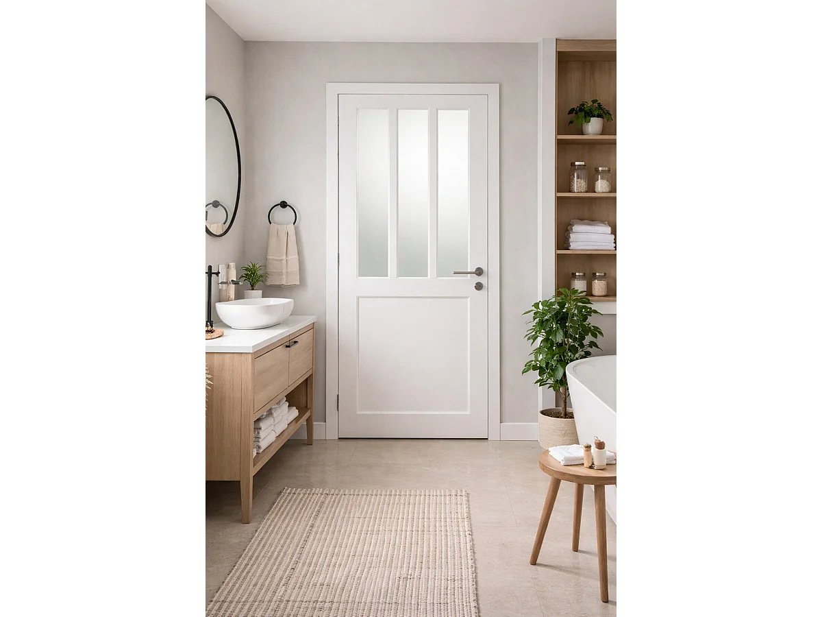 Blocco porta officina BIANCO vetro satinato H204 x L83 spingendo a destra Dimensioni tavolo + maniglia