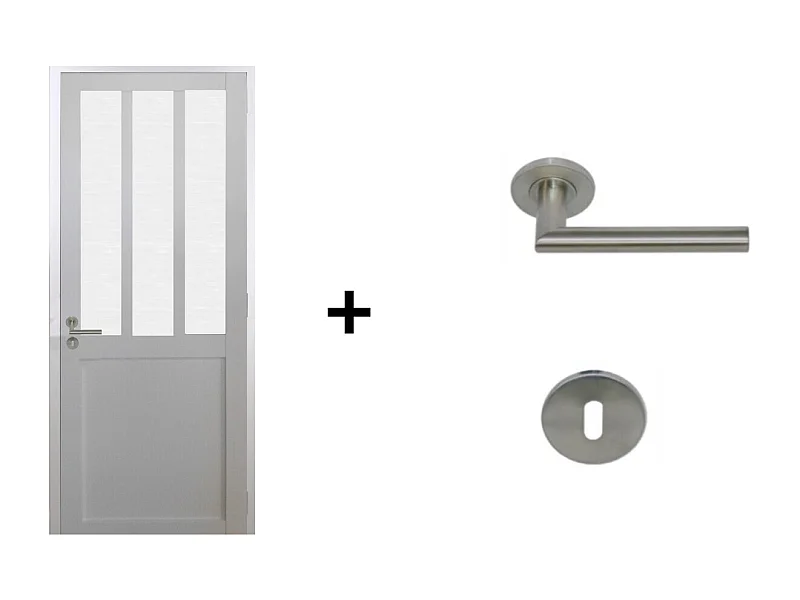 Bloc Porte Atelier BLANC vitre depoli H204 x L83 Poussant Droite Cotes Tableau +Poignee Pomerol