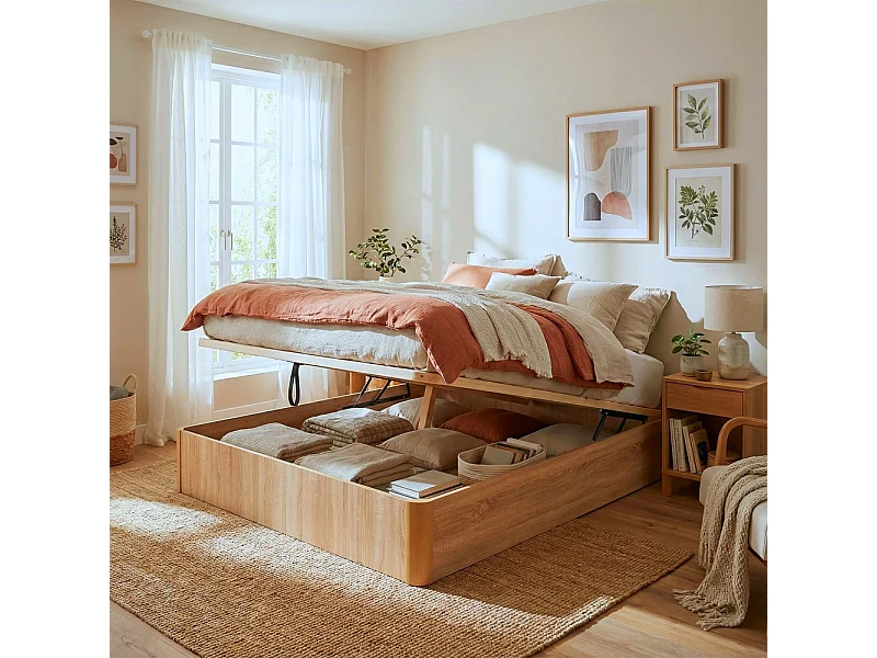 Lit coffre 140x190cm VERSO + 1 sommier / Décor Chêne Blanchi