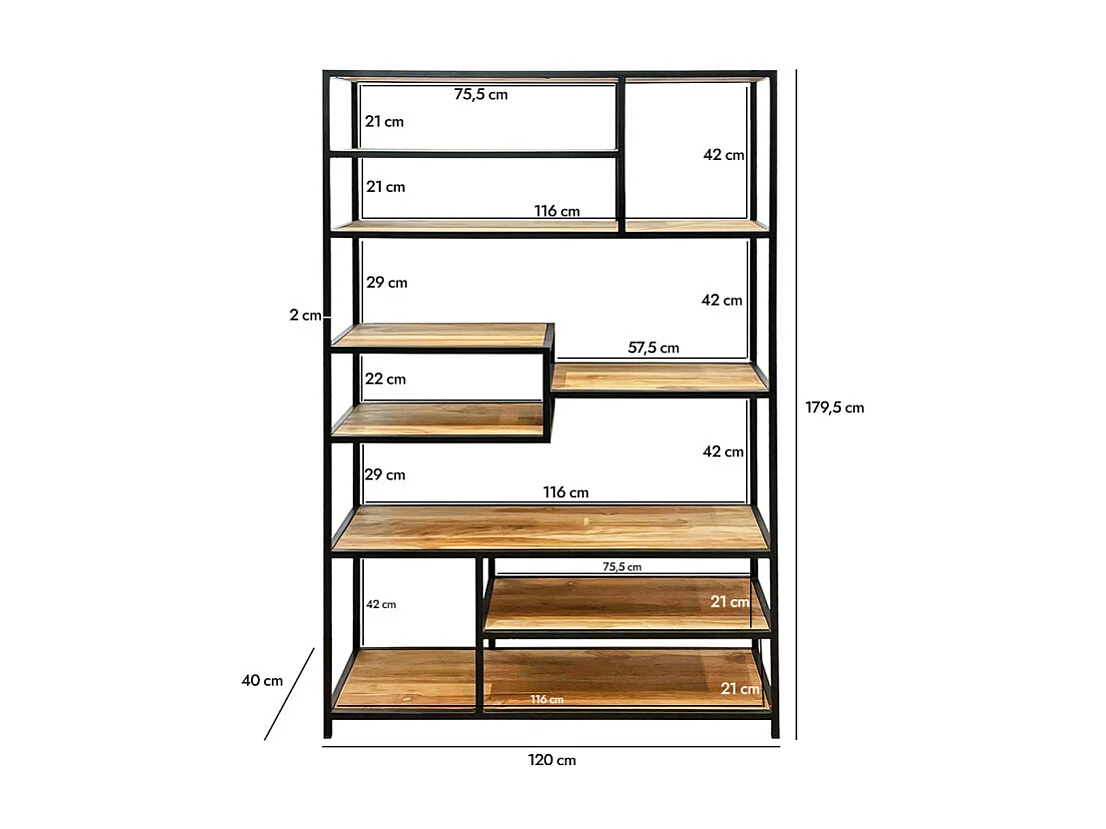 Bibliothèque H. 180 cm 9 étages en bois de teck et métal – COLSON