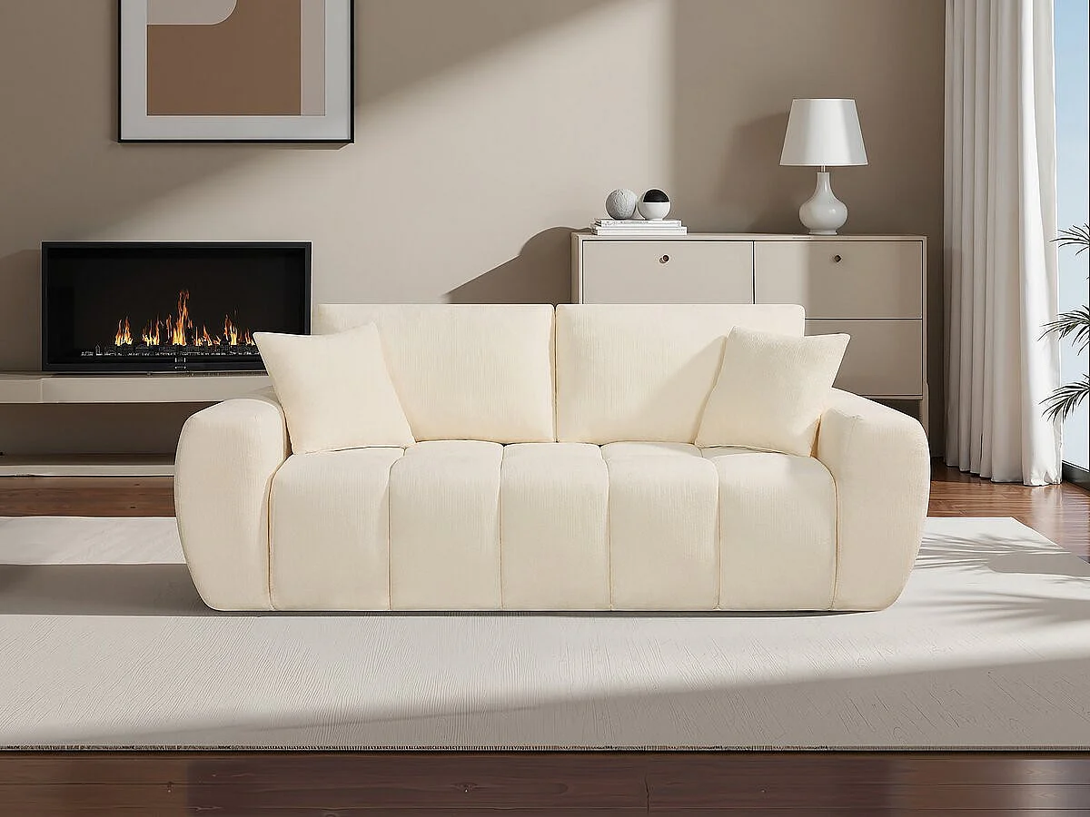 Canapé droit en tissu style bubble "Léonie" - 3 places - Beige
