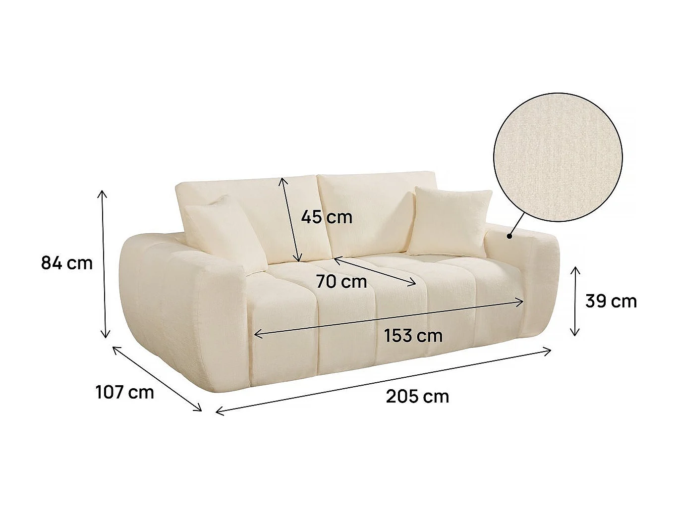 Canapé droit en tissu style bubble "Léonie" - 3 places - Beige