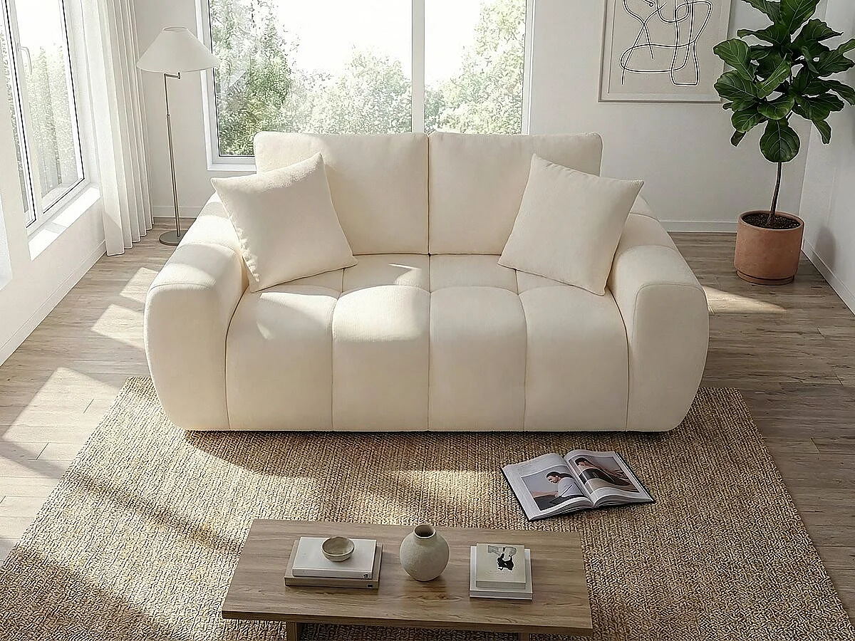 Canapé droit en tissu style bubble "Léonie" - 2 places - Beige
