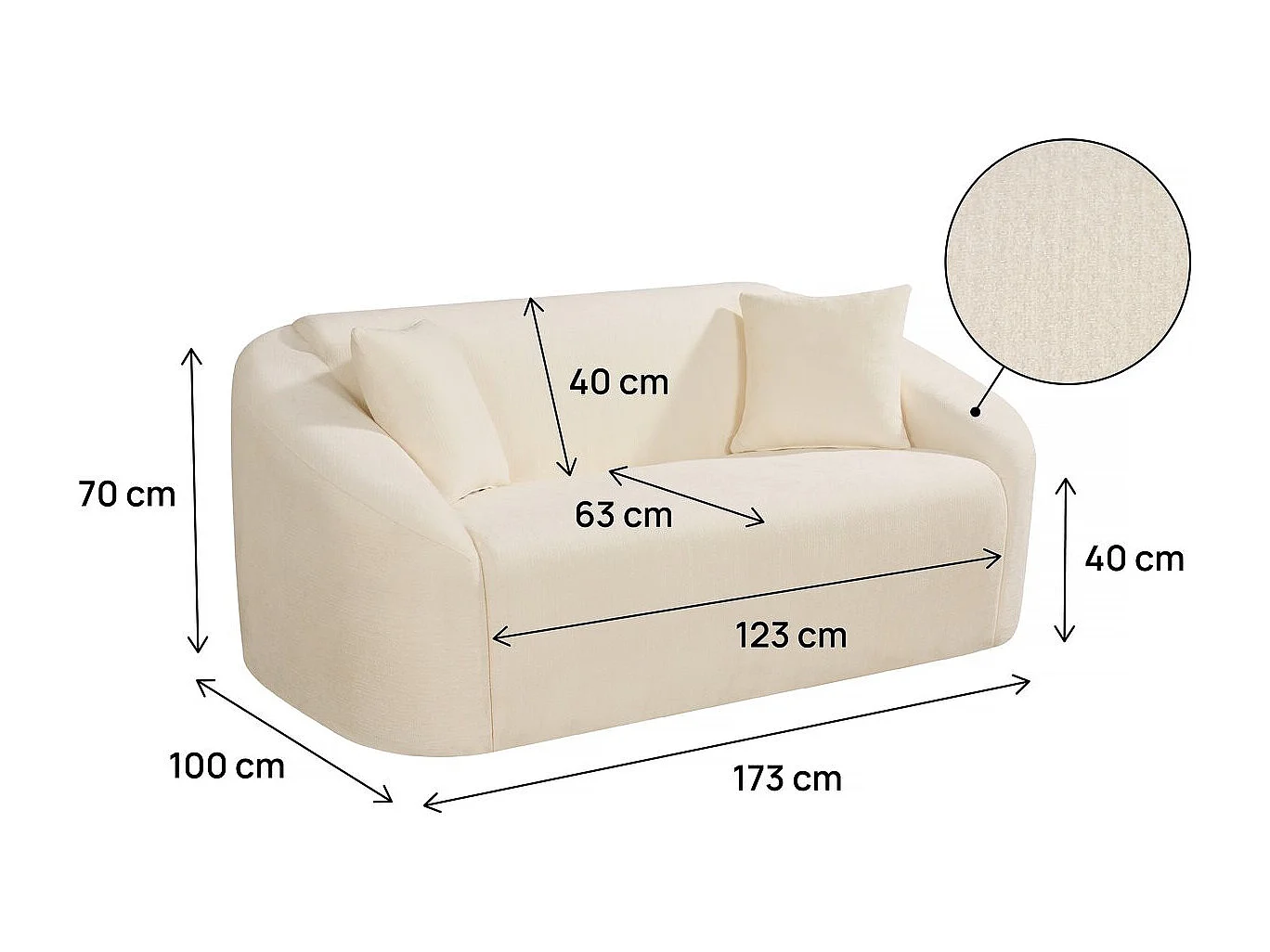 Canapé droit fixe en tissu "Ondine" - 2 places - Beige