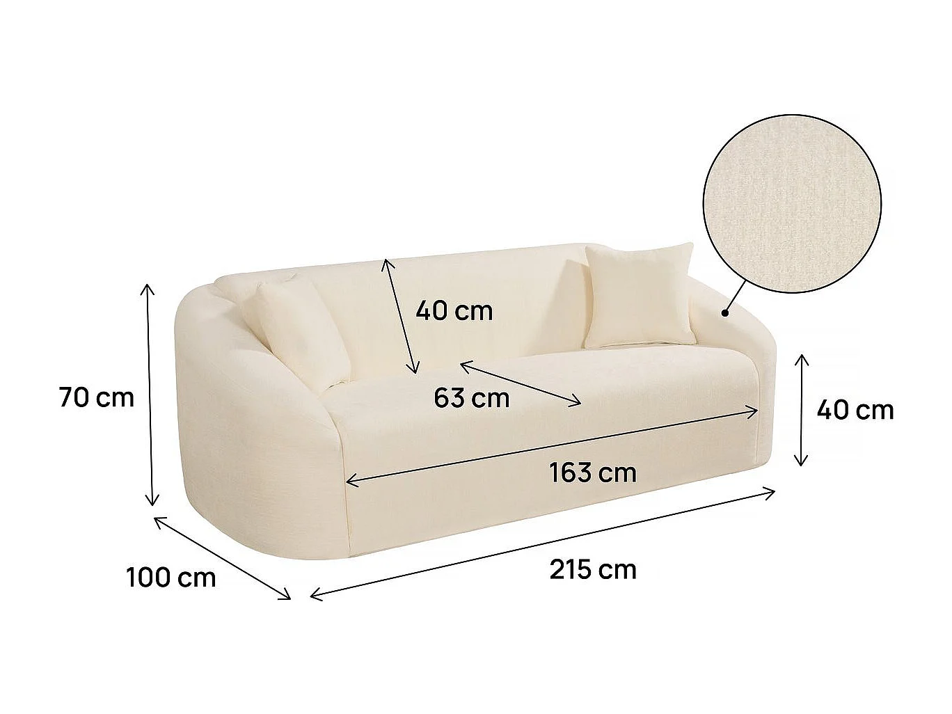 Canapé droit fixe en tissu "Ondine" - 3 places - Beige