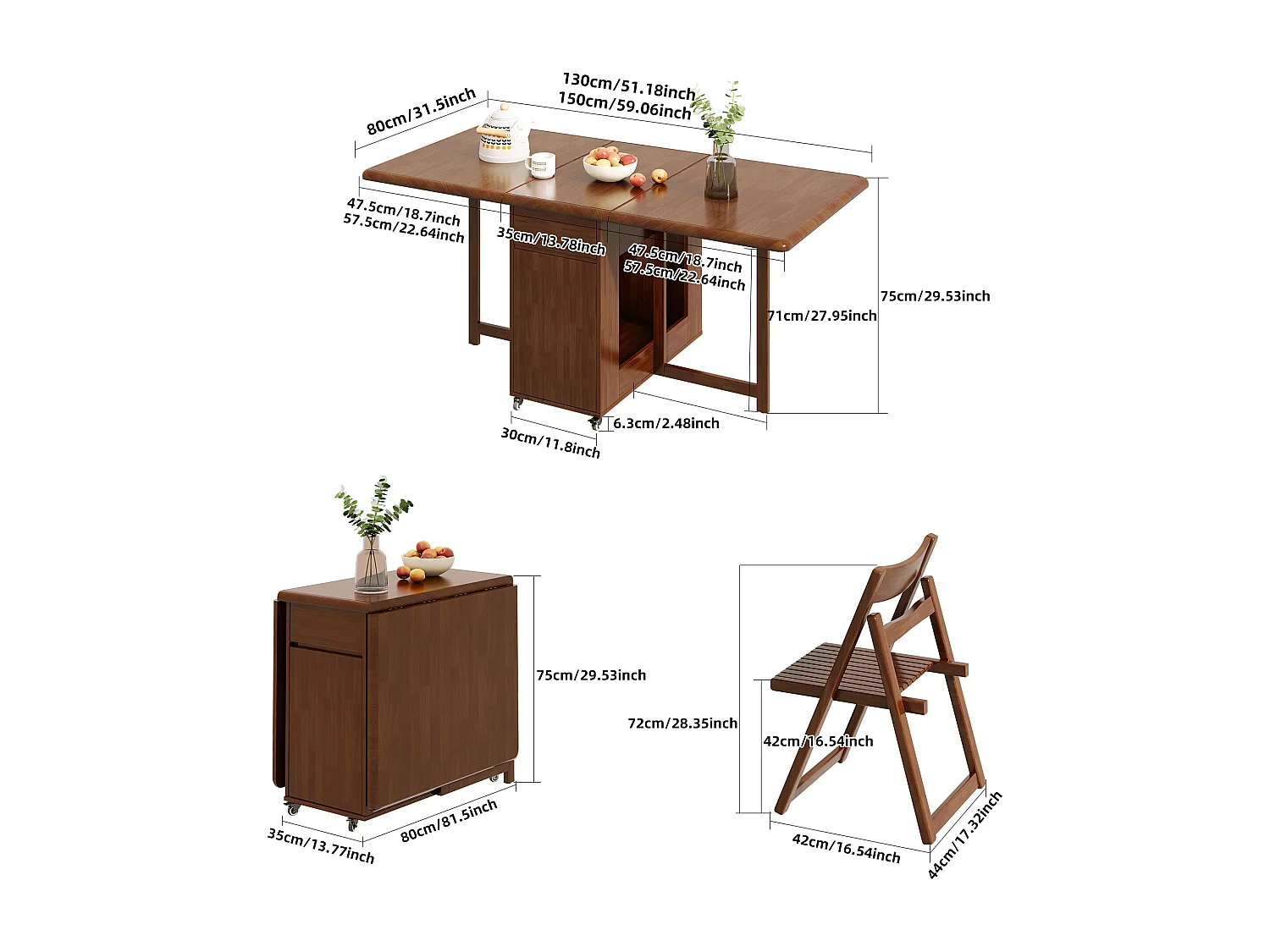 Uitschuifbare, ruimtebesparende houten keukentafel 150 cm met opbergruimte en 360° wielen, voor 2–6 personen, notenkleur, incl. 4 klapstoelen
