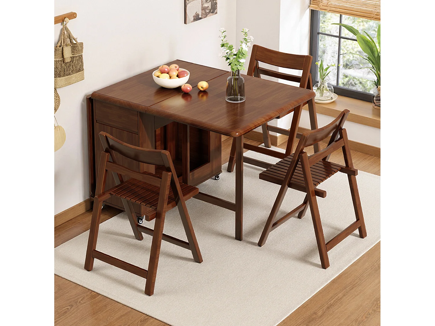 Uitschuifbare, ruimtebesparende houten keukentafel 150 cm met opbergruimte en 360° wielen, voor 2–6 personen, notenkleur, incl. 4 klapstoelen