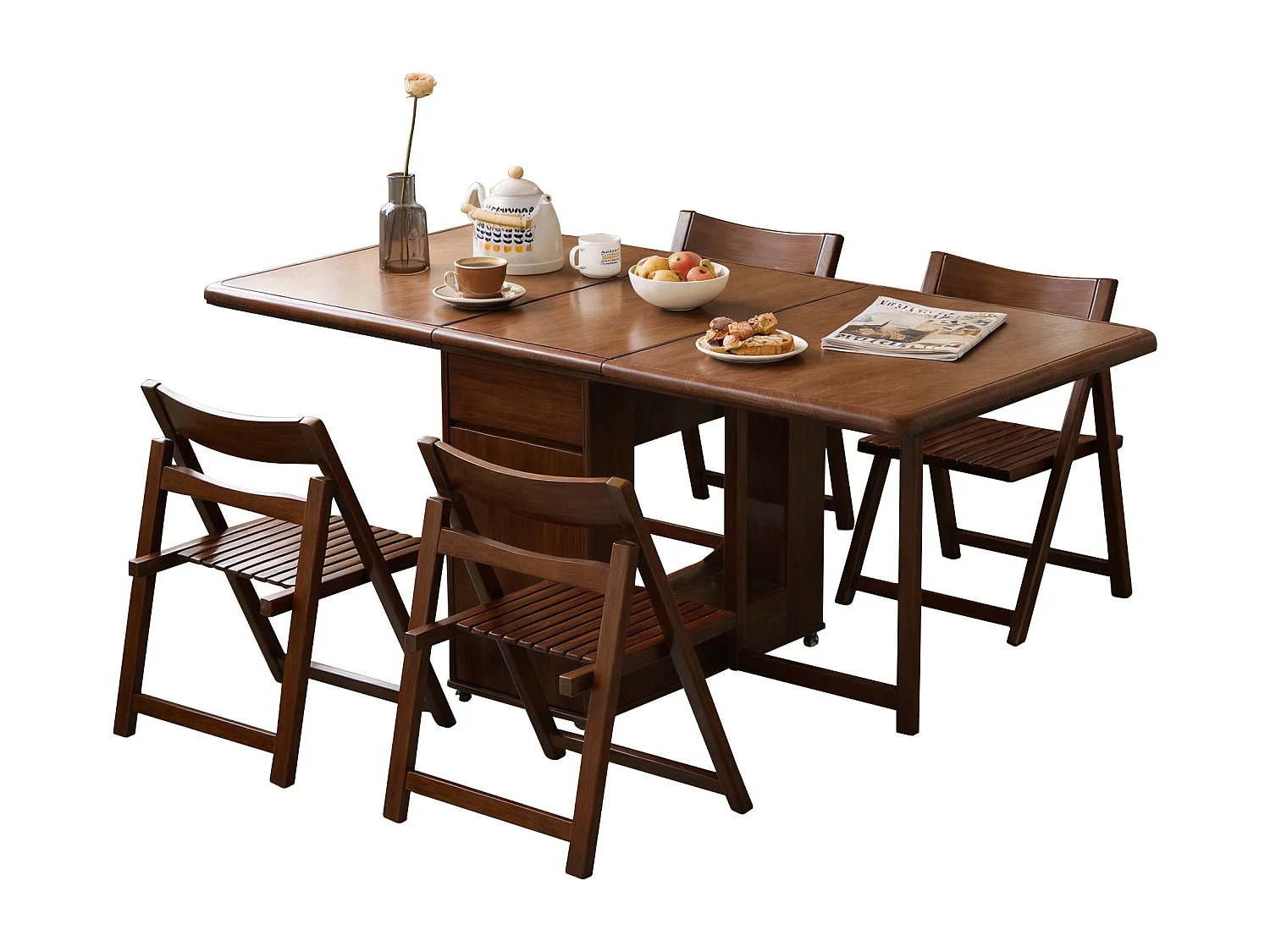 Uitschuifbare, ruimtebesparende houten keukentafel 150 cm met opbergruimte en 360° wielen, voor 2–6 personen, notenkleur, incl. 4 klapstoelen