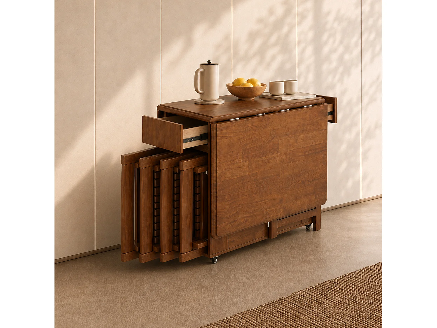 Table de cuisine extensible en bois 150 cm, avec 4 chaises pliantes, avec espace de rangement et roulettes pivotantes à 360°, pour 2 à 6 personnes,  noyer